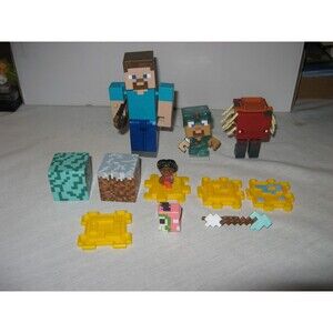 Lot Of 11 Minecraft Action Figures and Pieces Steve with Blocks weapons and More